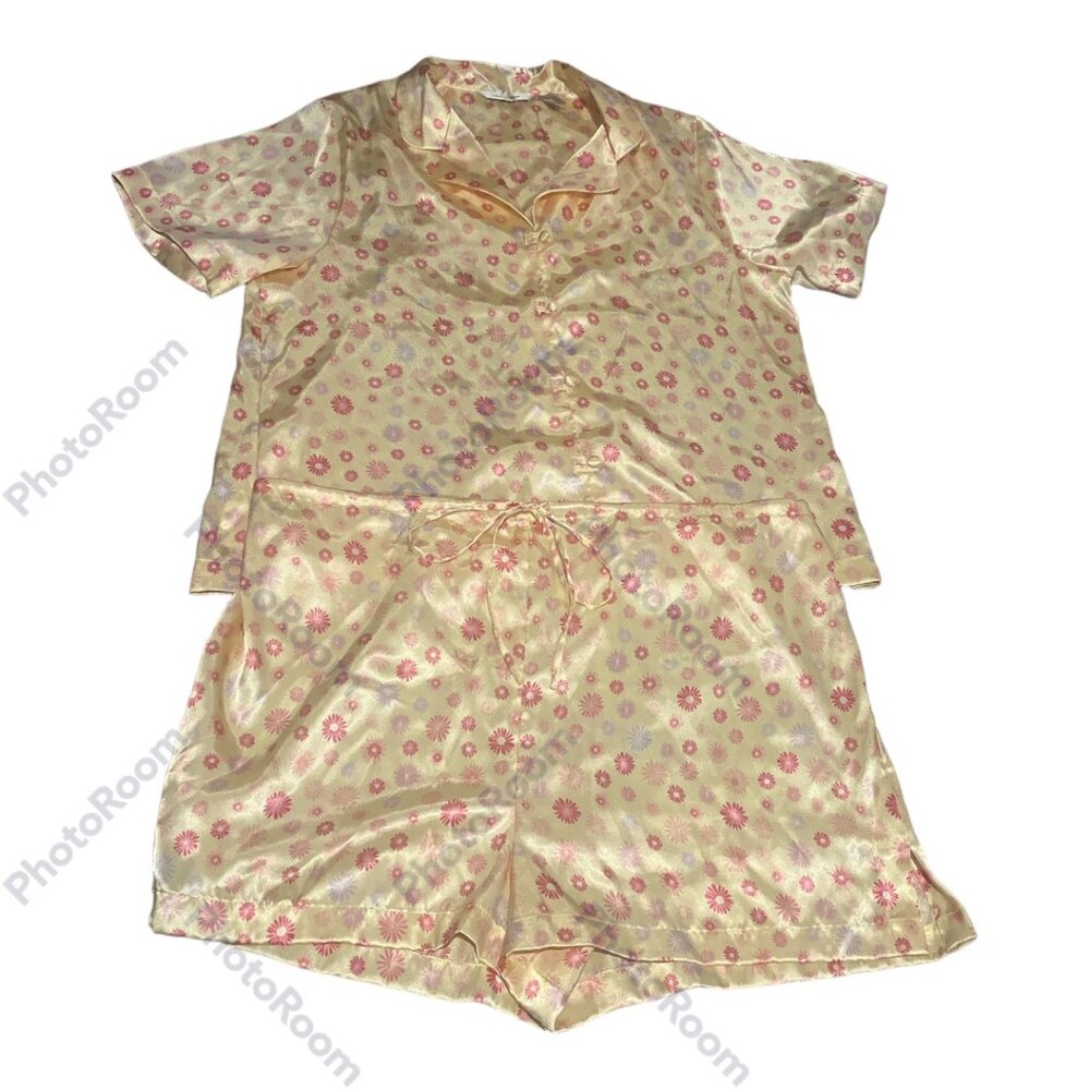 Vintage Womens Delicates Satin Yellow Floral Print Short Set Pajama Set Size L